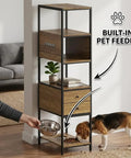 Two In One Pet Friendly Bookshelf With Built In Dog Food Storage And Feeding Station, 67 Inch Tall Wood And Metal Display Cabinet