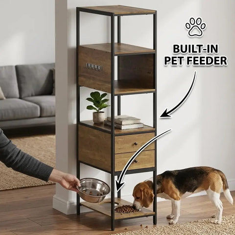 Two In One Pet Friendly Bookshelf With Built In Dog Food Storage And Feeding Station, 67 Inch Tall Wood And Metal Display Cabinet