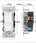 Front and side view of Decora Slide Dimmer Switch For Dimmable LED Halogen And Incandescent Bulbs DSL06-1LZ with dimensions