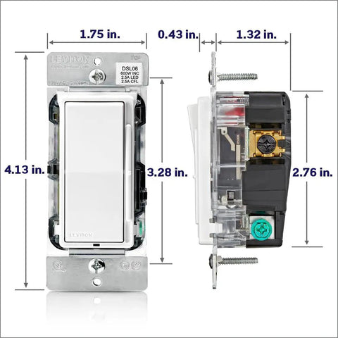 Front and side view of Decora Slide Dimmer Switch For Dimmable LED Halogen And Incandescent Bulbs DSL06-1LZ with dimensions