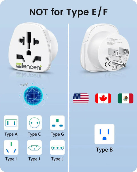 Front and back view of World To US Plug Adapter 2 Pack Universal Travel Power Converter for converting EU UK AU plugs to US sockets