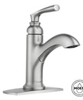 Brushed nickel bathroom faucet with curved spout on rectangular base, next to Moen logo.