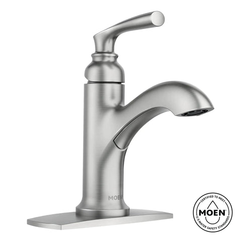 Brushed nickel bathroom faucet with curved spout on rectangular base, next to Moen logo.