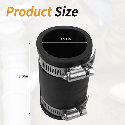 Flexible PVC Pipe Coupling With Rubber Hose Clamps For One And A Quarter Inch Flex Connection, product dimensions.