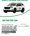 Diagram showing paint code location on a white Honda SUV with code NH883P on a label, used for paint matching.