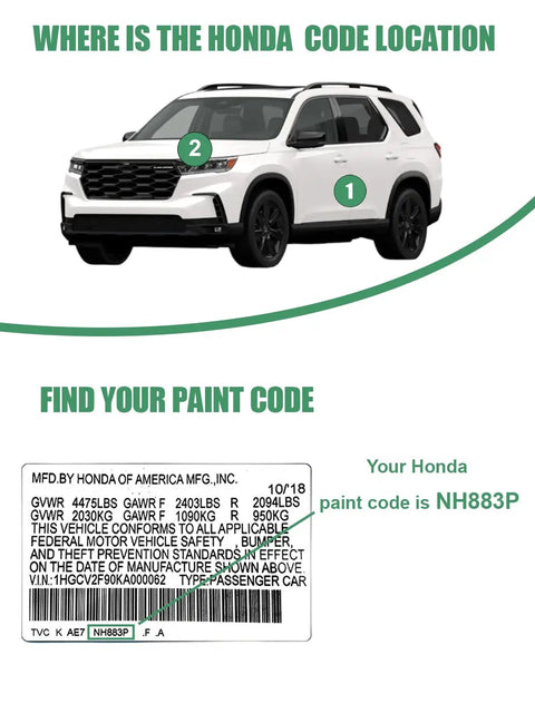 Diagram showing paint code location on a white Honda SUV with code NH883P on a label, used for paint matching.