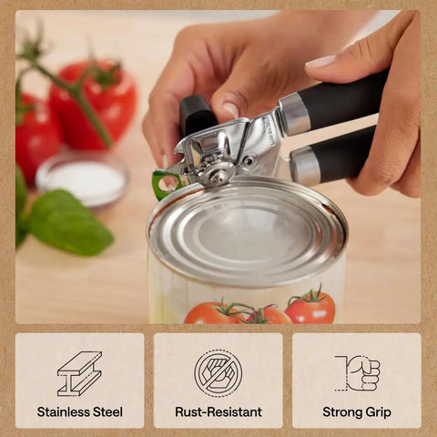Heavy Duty Stainless Steel Smooth Edge Manual Can Opener And Bottle Opener With Oversized Handheld Turn Knob Soft Handle