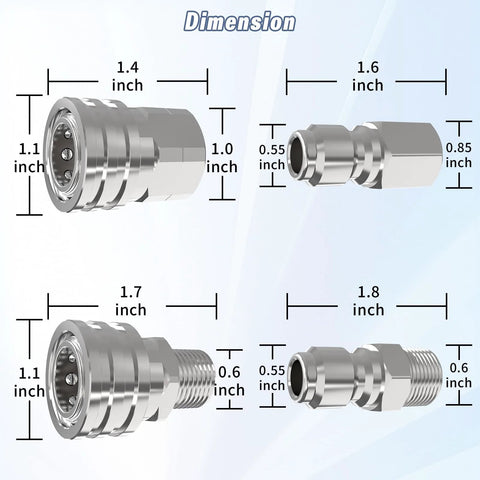 Dimension 8-piece stainless steel 3/8 in quick-connect fittings kit for pressure washers; front and side views