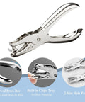 Dual Size Metal Hole Puncher For Office And Crafts with two punch heads, compact design, shown with close-up of features.