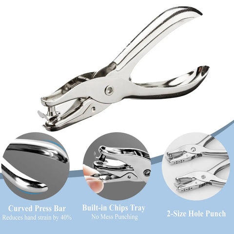 Dual Size Metal Hole Puncher For Office And Crafts with two punch heads, compact design, shown with close-up of features.