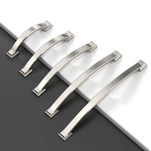 10 Pack Brushed Satin Nickel Cabinet Pulls With 4 Inch Hole Centers Arch Style Handles shown in various sizes on white and black surface