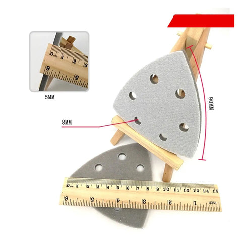 90mm Triangle Sanding Discs With Six Holes For Hook Loop Backing, Premium Wet Dry Sponge Sandpaper, ruler for size reference.