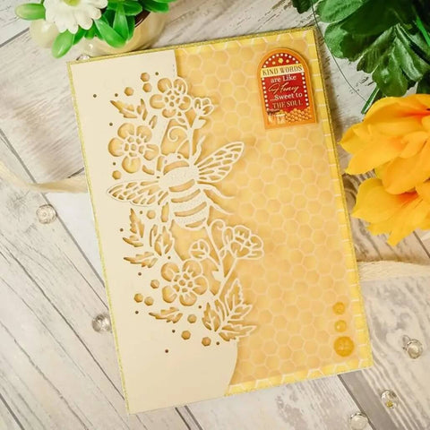 Card featuring bee lace pattern from Scrapbooking Die Cutting Dies Set for Card Making and Paper Crafting Strips Frame Metal Dies.
