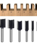 Pro Grade Six Piece Straight Router Bit Set With One Quarter Inch Shank Carbide Tipped Two Flute Bits For Woodworking Grooving Rabbet Cuts And Jointing In Diameters From One Quarter To Three Quarters Inch For A Smooth Planed Finish displayed with groove sizes