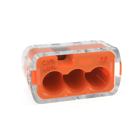 Ideal Electrical in-Sure 3-port push-in wire connector, orange color-coded for solid or stranded wires