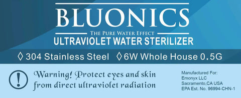 Top Shelf Under Sink Water Filter With Killer Reverse Osmosis And Uv Sterilizer 100 Gpd Six Stage System label on 304 stainless steel UV sterilizer.