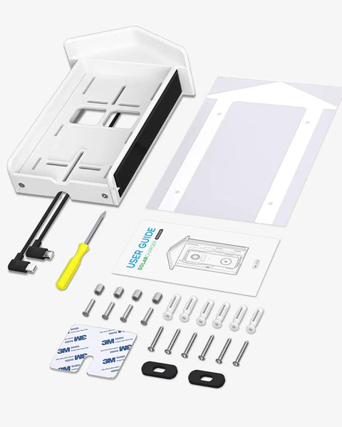 Solar Charger For Video Doorbells And Cameras Keeps Your Doorbell Charged With Solar Power, mounting kit and instructions shown.