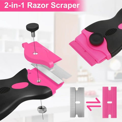 Close-up of Pink Razor Scraper 2 In 1 Tool Set with detachable blade and ergonomic handle