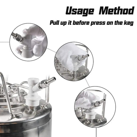 Ball Lock Gas Disconnect One Quarter Inch MFL With Stainless Steel Swivel Nuts For Homebrewing No Fuss Quick Disconnect Includes Two Worm Clamps Durable PBT Fittings Easy Keg Connection And Leak Free Fit on keg with hand connecting gas line