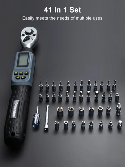 Digital Torque Wrench One Quarter Inch Drive With Buzzer And LED Indicator, Pro-Grade Accuracy 1.1-22.1 Ft-Lbs And 1.5-30 Nm, Quick-Swap Socket Head, Electronic Wrench Kit With Bits And Sockets For Bikes, Motorcycles, And Gunsmithing, 41-piece set