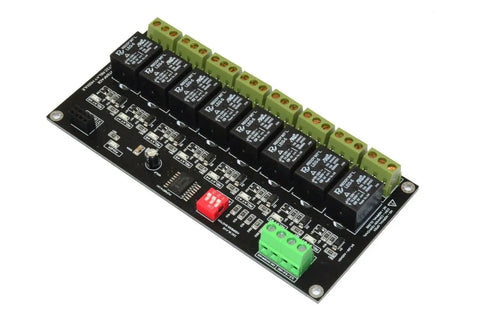 Eight Channel I2C Relay Module for Arduino Raspberry Pi ESP32 and Home Assistant with LED indicators, SPDT contacts, close-up view