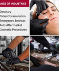 Powerful Black Nitrile Disposable Gloves, Completely Latex And Powder Free, textured palms used in dental and emergency procedures.