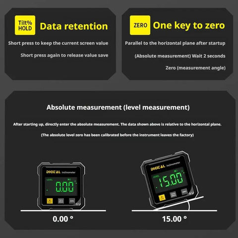 Digital Angle Finder With Laser And Four Side Magnetic Gauge For Woodworking, Cube Inclinometer, Table Saw Protractor, Precise Measuring Tool With LED Display For Quick Absolute And Relative Angles, Level Box For Hanging showing absolute and zero functions