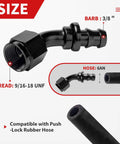 6AN Push Lock Fittings Kit With 0 Degree 45 Degree 90 Degree 180 Degree Angles, AN6 Male To Male Coupler displayed with measurements