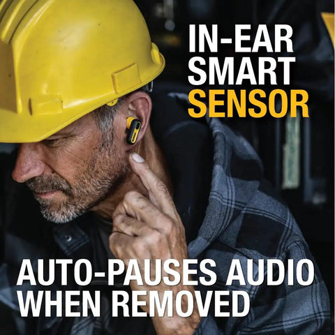 Man wearing yellow hard hat using Heavy Duty True Wireless Ear Buds With Type C Charging Case, Bluetooth Headphones For iPhone.