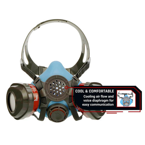 Lightweight Half Face Respirator Mask With A2P3 Cartridges For Organic Vapors And Dust, Push To Seal Fit Check, front view