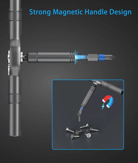 Close-up of All In One 24 In 1 Magnetic Ratchet Screwdriver Set With Detachable Handle and S2 Steel Bits, showing magnetic tip holding a screw.