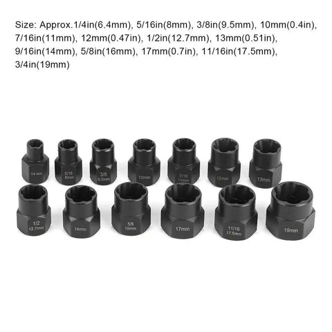 Heavy Duty Extractor Socket Tool Kit For Stubborn Bolt And Nut Removal Featuring Reverse Spiral Flutes And Ridiculous Grip Strength showing 13 extractors in various sizes.