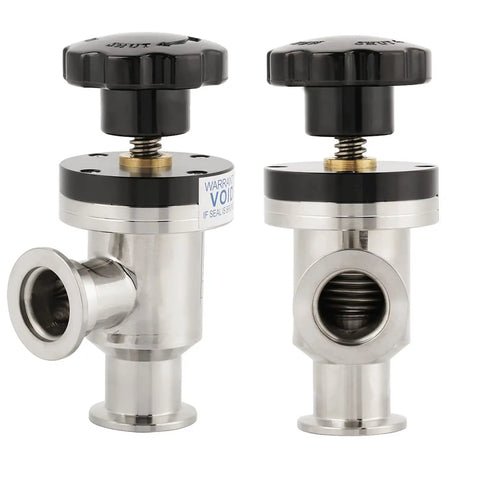 Two Workhorse Vacuum Isolation Valves with Bellow Seal and Air Admittance, KF25 304 Stainless Steel, showing side and open end views