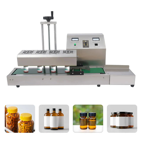 Continuous Automatic Induction Sealer With Adjustable 20 To 100 mm Range For Plastic And Glass Bottles 1800 Watt Commercial Capper on shop floor.