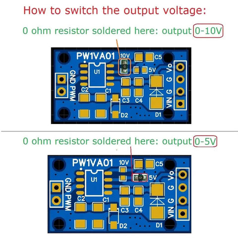 Dual PWM To 0 To 5V And 0 To 10V DAC Converter Module For Smart Home Automation, showing resistor positions for voltage output.