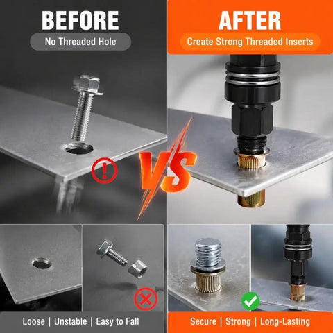 Premium Head Rivet Nut Tool Kit For Professionals And DIYers M3 To M12 With 55 Pieces Mandrels Fasteners Steel Inserts Perfect For Sheet Metal Jobs Auto Repair And Home Projects You Gotta Get This Heavy Duty Set before and after sheet metal threaded insert demo