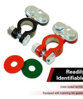 Top Post Battery Terminal Connectors Color Coded Set With Anti Corrosion Felts For Car Boat Camper Heavy Duty Aluminum Cables, with felt gaskets.