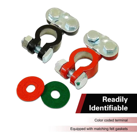 Top Post Battery Terminal Connectors Color Coded Set With Anti Corrosion Felts For Car Boat Camper Heavy Duty Aluminum Cables, with felt gaskets.