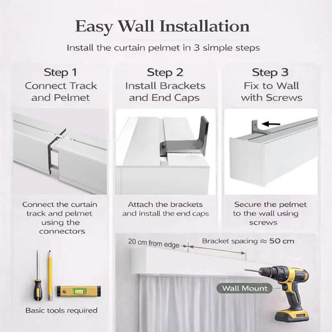 Three In One Curtain Track System With Rod, Valance, And Light Belt, Ceiling Mount Or Optional Install, Quiet Smooth Pulleys For No Fuss Operation, No Drama Noise, Pure White Finish, Ideal Living Room Or Bedroom Room Divider Solution; wall install steps