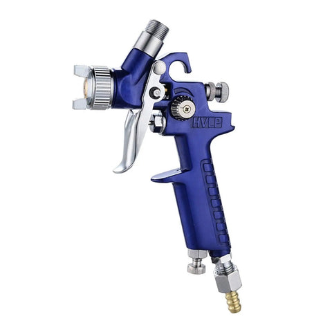 Top Shelf Slick Finish HVLP Mini Paint Spray Gun With 0.8mm And 1.0mm Nozzles For Car Detailing and Aerography featuring a blue ergonomic grip.