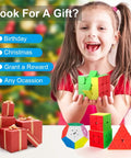 Child holding Speed Cube Bundle Set Of 2x2 3x3 4x4 Megaminx And Pyramid Puzzles Stickerless Smooth Turning Five Pack with gift boxes.