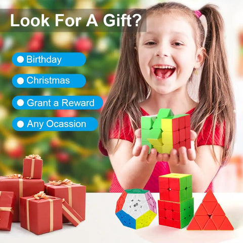 Child holding Speed Cube Bundle Set Of 2x2 3x3 4x4 Megaminx And Pyramid Puzzles Stickerless Smooth Turning Five Pack with gift boxes.