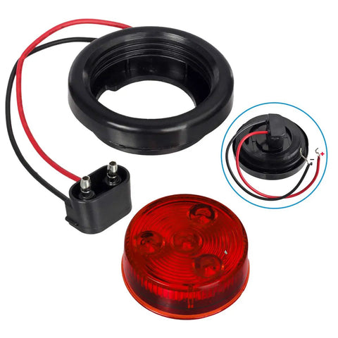 Red LED Trailer Marker Lights 2 Inch Round Kit With Grommets And Plugs And Pigtails, showcasing components, waterproof 12V