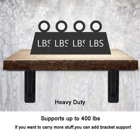 Heavy duty shelf with four weight icons demonstrating Beefy Heavy Duty Countertop Shelf Brackets Set Of 2 12x9 Inch supporting 400 pounds.