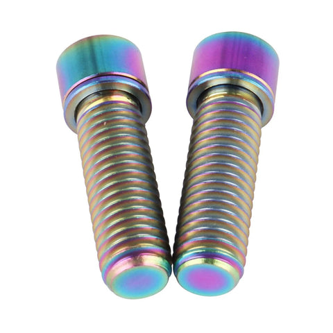 Two rainbow titanium M8 x 25mm bolts with washers for bicycle stem, front view.