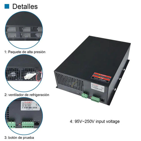 Dual Voltage CO2 Laser Power Supply 110V 220V 130W 150W For Laser Tube And Engraving Machine showing details and inputs
