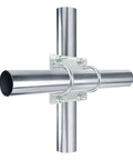 Cross Over Antenna Mast Clamp Kit With U Bolts For 1 To 2 Inch Poles, galvanized steel setup at right angle view.