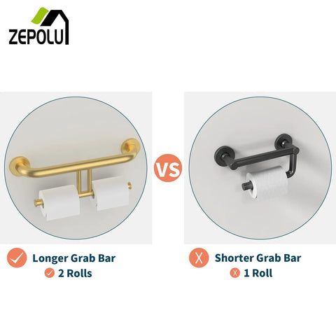 Heavy Duty Brushed Gold Handicap Grab Bar With Integrated Toilet Paper Roll Holder And 304 Stainless Steel Build Offer Kick Ass Grip And Drip Worthy Wall Mounted Bath Safety Rail For Real Ones Who Want Solid Support comparison image with gold grab bar holding two rolls and black grab bar holding one roll.
