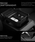 Center Console Organizer Tray For Tesla Cybertruck Accessories with Intelligrip Padding, Carbon Fiber Accent in use.