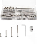 Heavy Duty Baby Bed Frame Bolts And Crib Screws Hardware Replacement Kit Featuring Hex Drive Socket Cap Screws Barrel Nuts Wooden Dowels For Easy Home Repair And Built Tough Setup in a plastic container, including various sizes of screws.